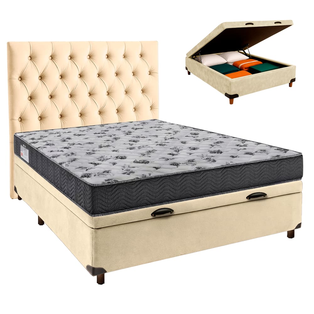 Cama Box Bau + Colchão Casal Ortobom D33 Iso100 + Cabeceira Estofada