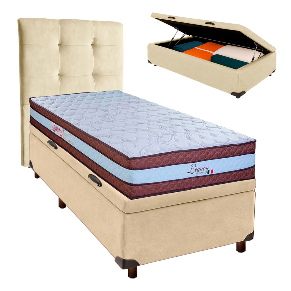 Kit Cabeceira + Cama Box Bau  + Colchão Solteiro Molas Ensacadas Legaccy Paropas
