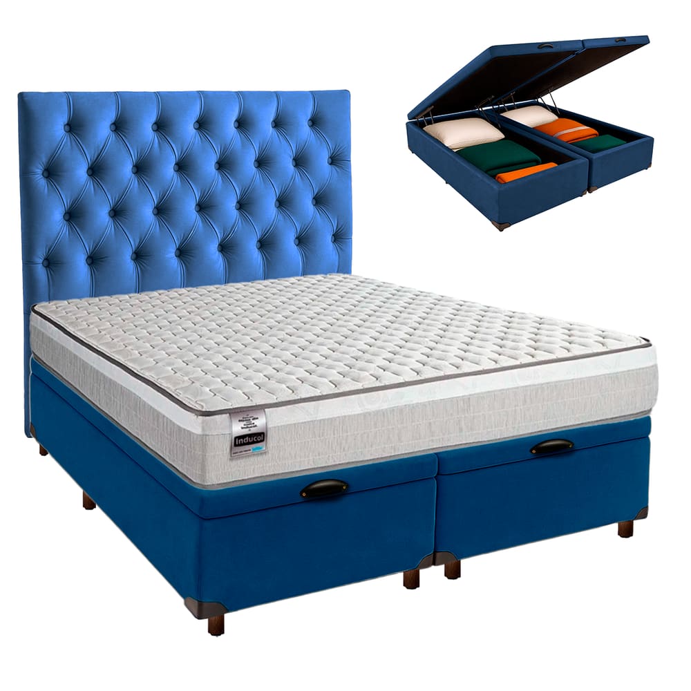 Conjunto Cama Box Bau Blindado King + Colchão Molas Ensacadas Hanover Inducol + Cabeceira