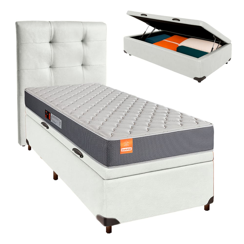 Cama Box Bau + Colchão Solteiro D23 Pro Inducol + Cabeceira Estofada