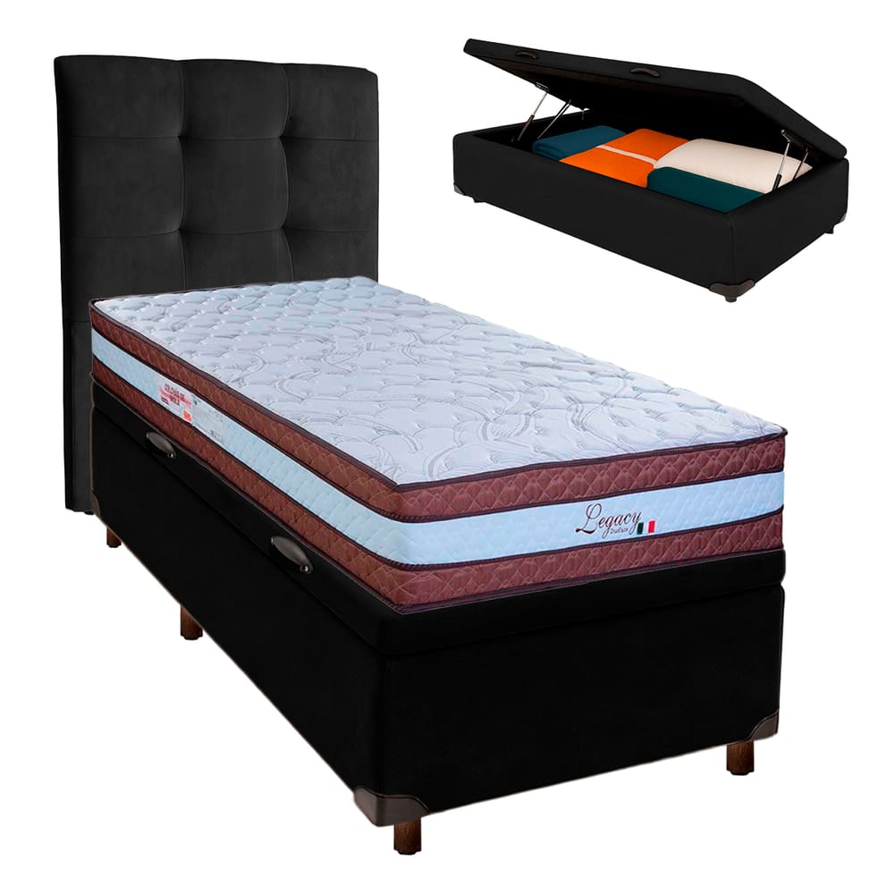 Cama Box Bau + Colchão Solteiro Molas Ensacadas Legaccy Paropas + Cabeceira Estofada