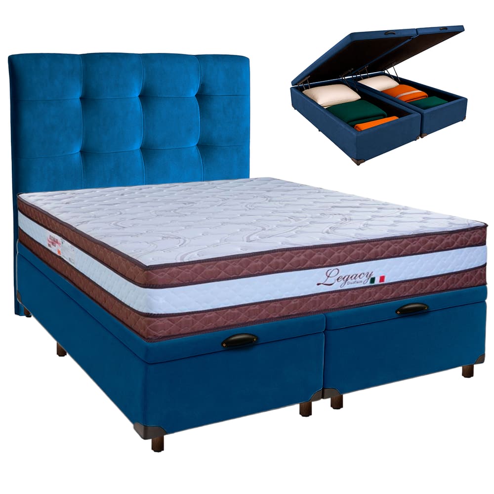 Cama + Bau Blindado e Colchão Molas Ensacadas Queen - Legaccy Paropas + Cabeceira