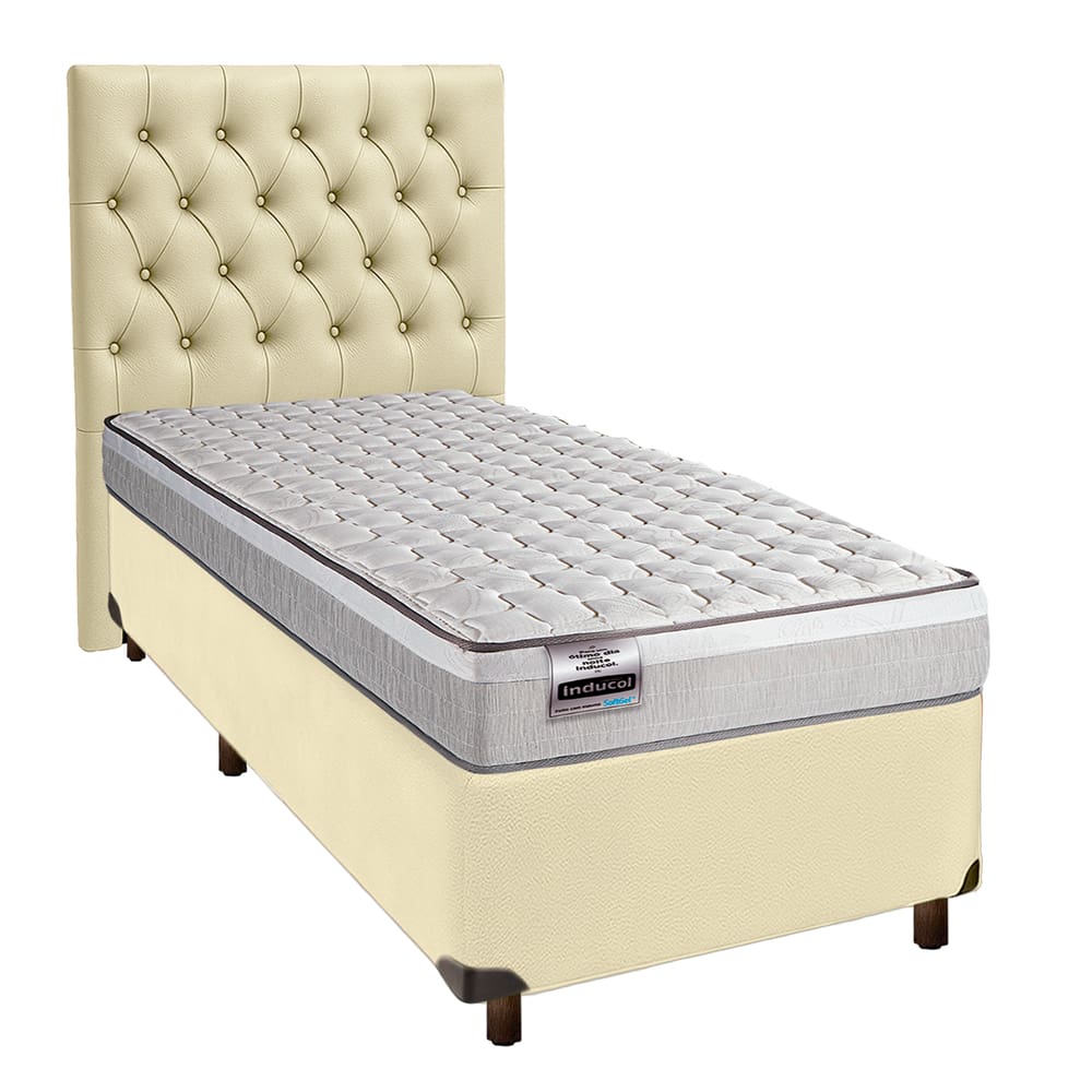 Cama + Box Bege e Colchão Molas Ensacadas Solteiro - Hanover Inducol + Cabeceira