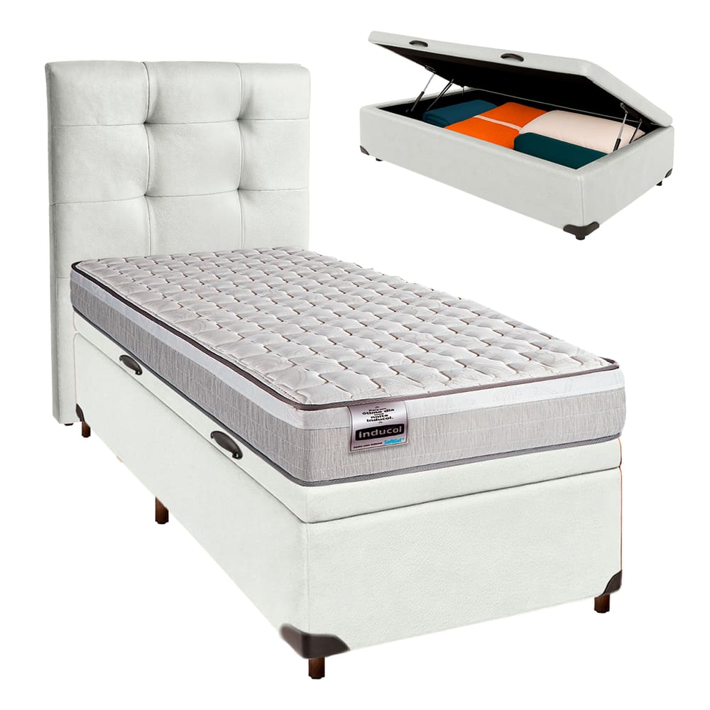 Cama Box Bau + Colchão Solteiro Molas Ensacadas Hanover Inducol + Cabeceira Estofada