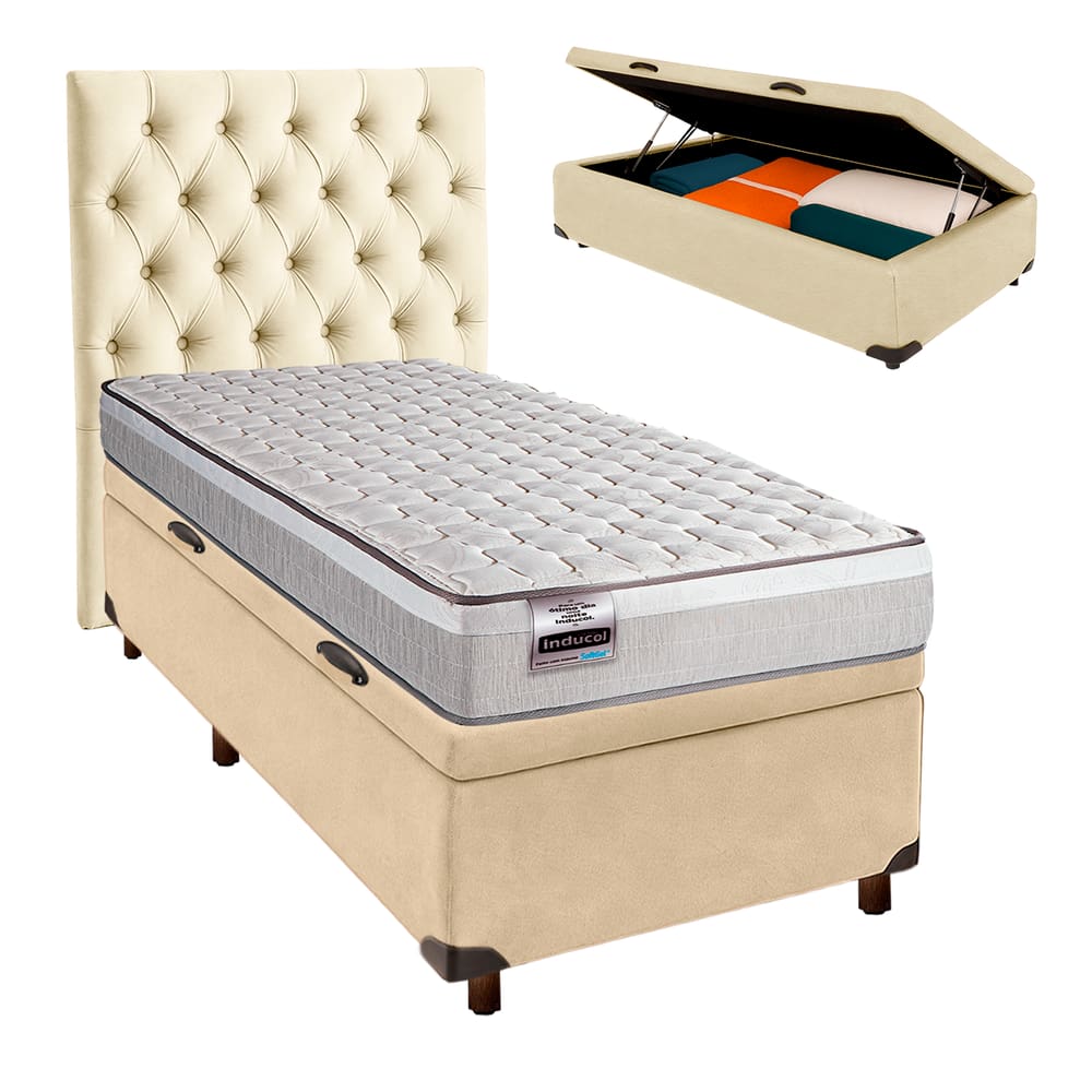 Cama Box Bau + Colchão Solteiro Molas Ensacadas Hanover Inducol + Cabeceira Estofada