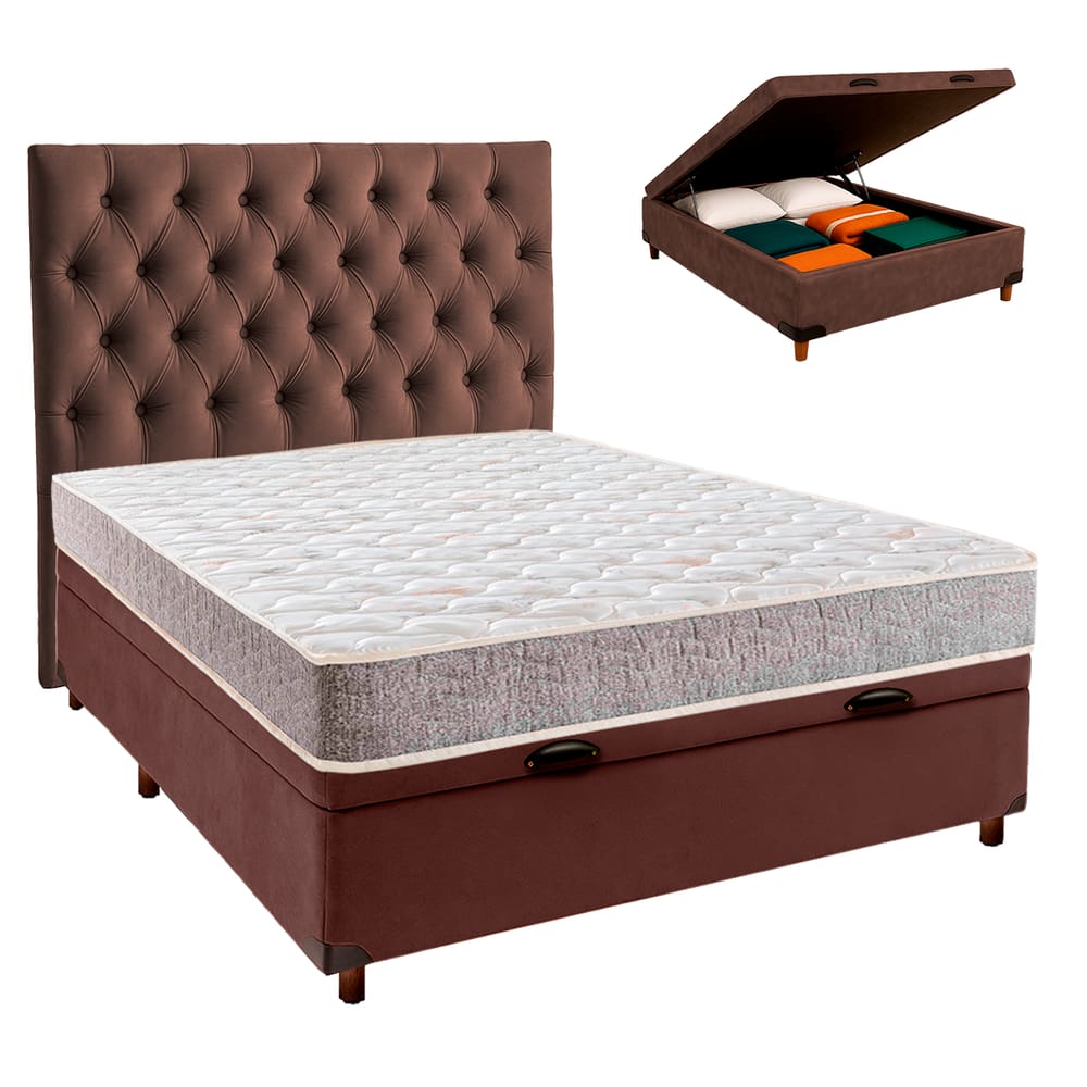 Cama Box Bau + Colchão Casal D33 D33 Inducol + Cabeceira Estofada