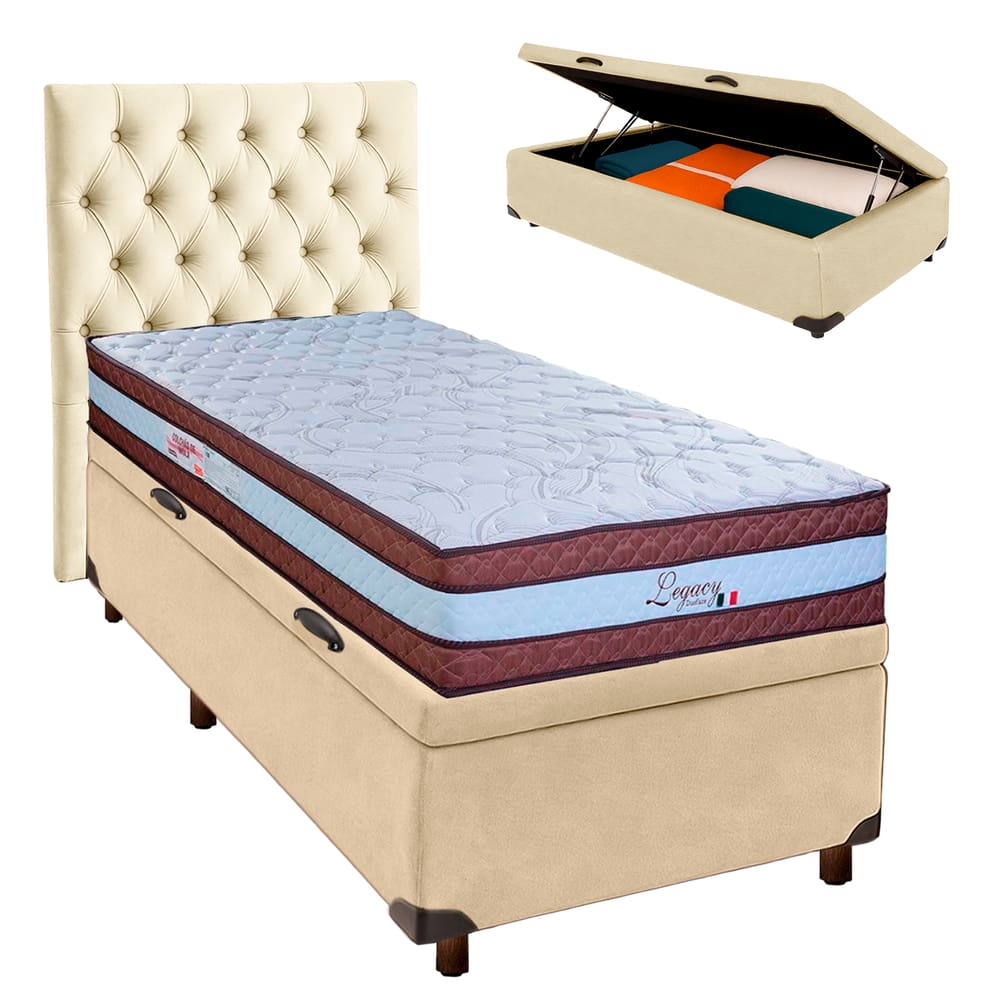 Kit Cama Box Bau + Cabeceira + Colchão Solteiro Molas Ensacadas - Legaccy - Paropas