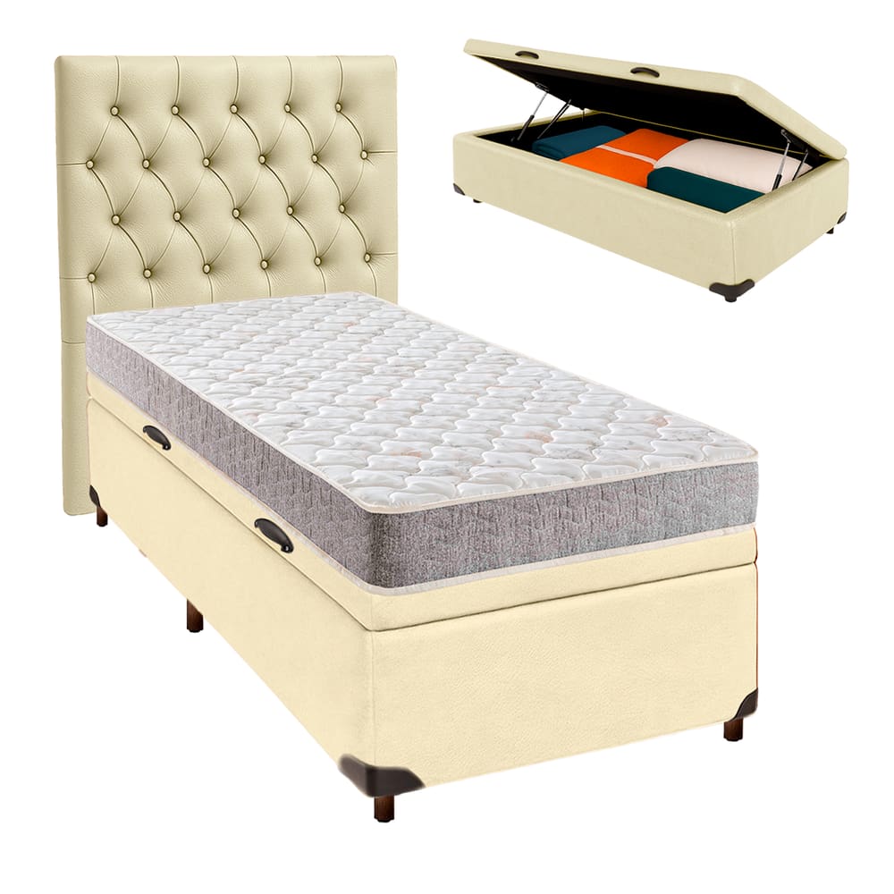 Cama + Bau Bege e Colchão D33 Solteiro - D33 Inducol + Cabeceira