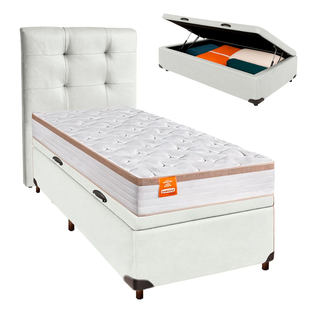 Kit Cama Box Bau + Cabeceira + Colchão Solteiro Molas Ensacadas - Isis Real - Inducol
