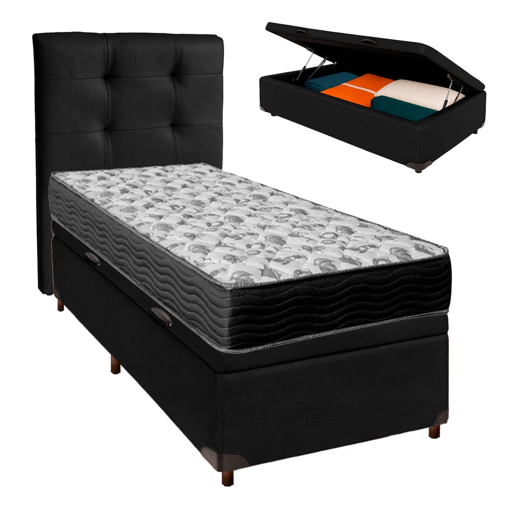 Conjunto Cama Box Bau Blindado Solteiro + Colchão D33 Iso100 Ortobom + Cabeceira