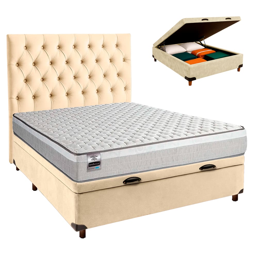 Conjunto Cama Box Bau Blindado Casal + Colchão Molas Ensacadas Hanover Inducol + Cabeceira