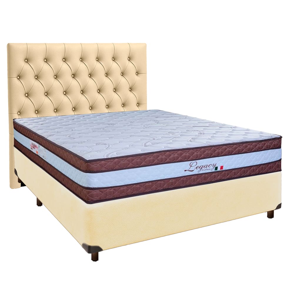Cama + Box Bege e Colchão Molas Ensacadas Casal - Legaccy Paropas + Cabeceira