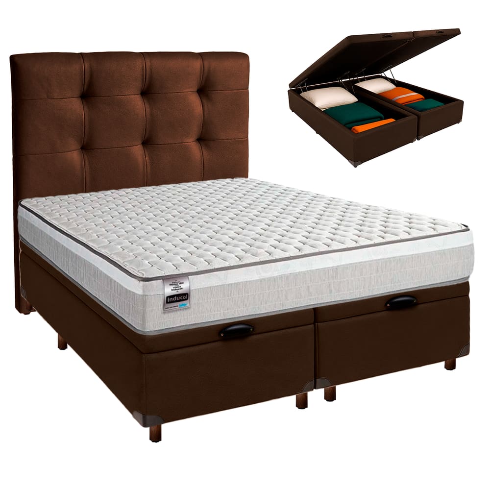 Conjunto Cama Box Bau Blindado King + Colchão Molas Ensacadas Hanover Inducol + Cabeceira