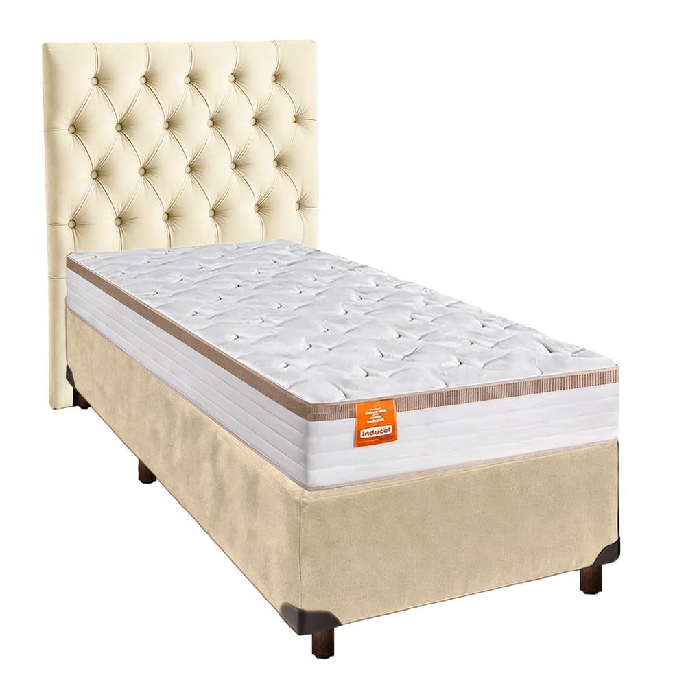 Cama Box + Colchão Solteiro Molas Ensacadas Isis Real Inducol + Cabeceira Estofada