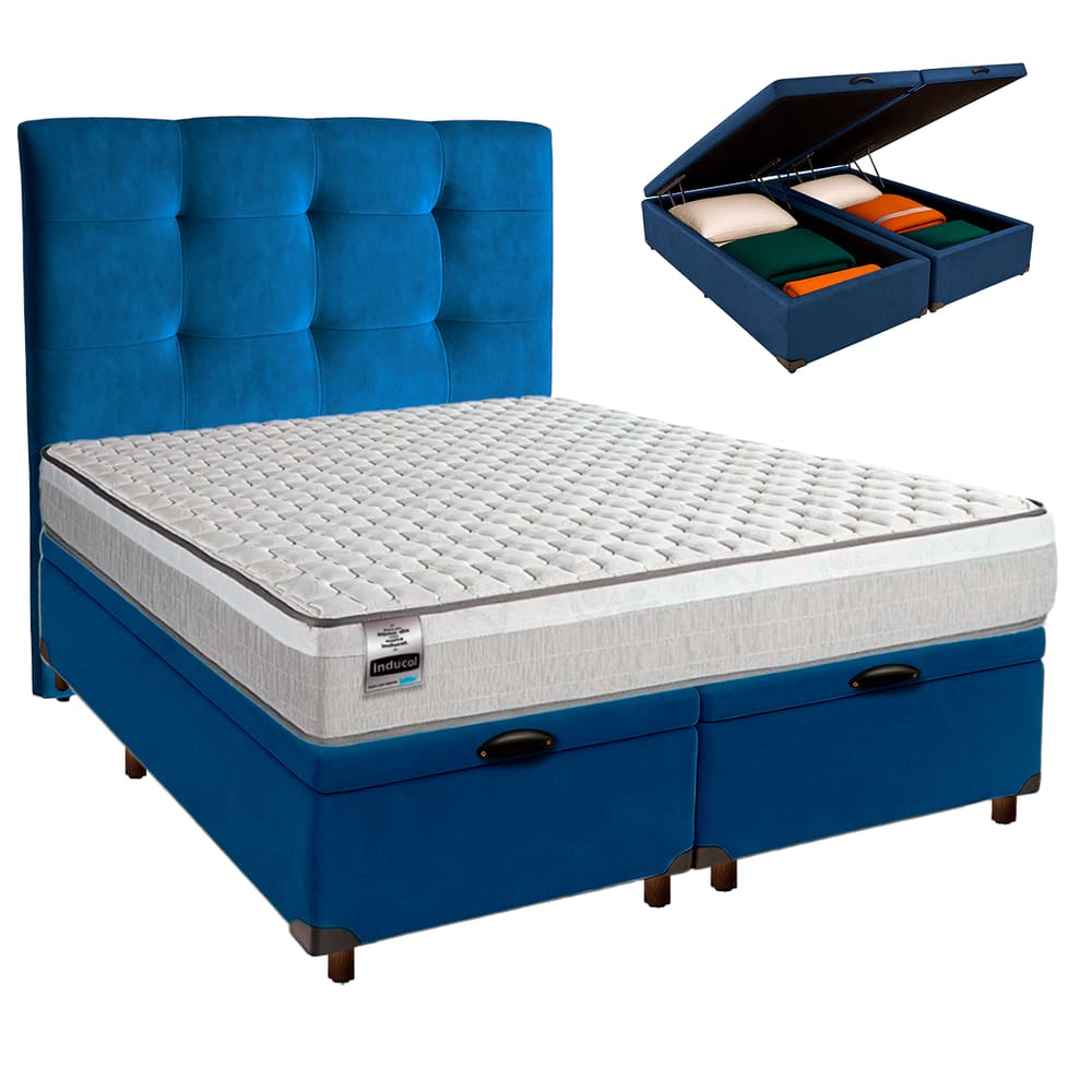 Cama Box Bau + Colchão King Molas Ensacadas Hanover Inducol + Cabeceira Estofada