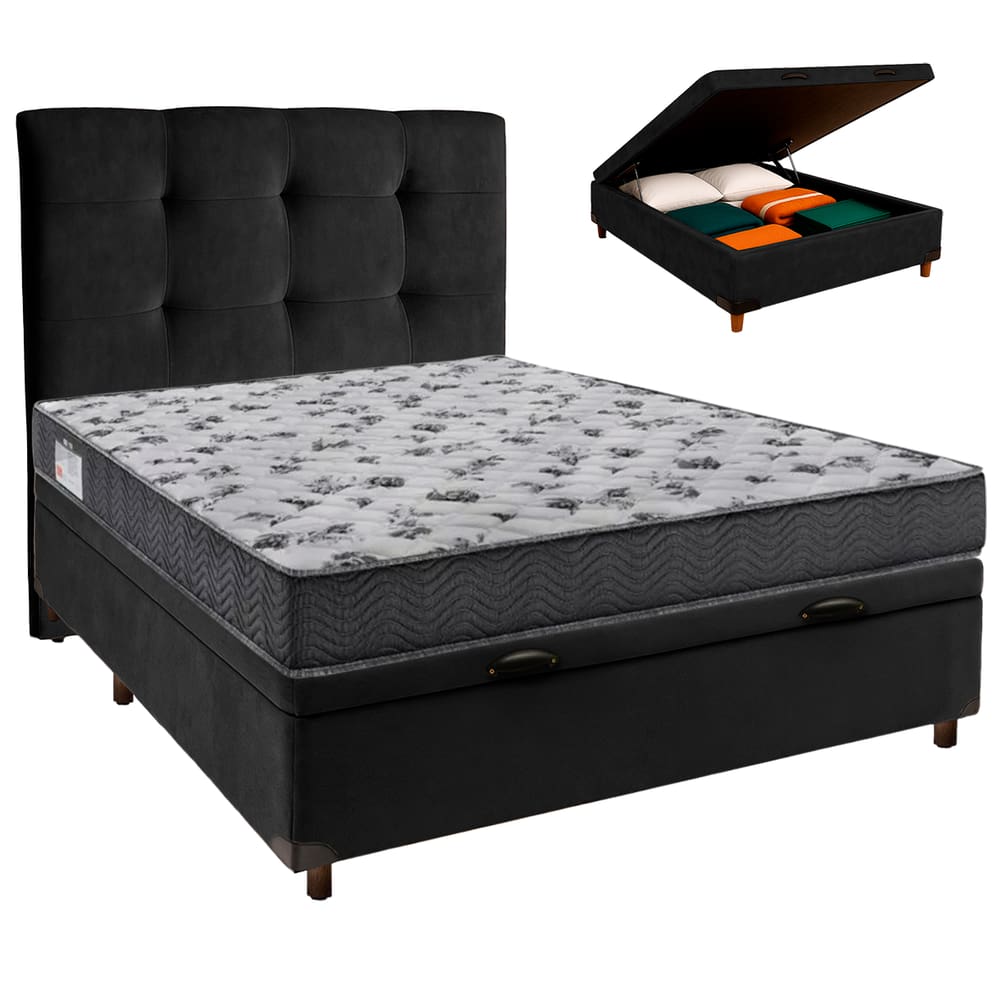 Conjunto Cama Box Bau Blindado Casal + Colchão D33 Iso100 Ortobom + Cabeceira