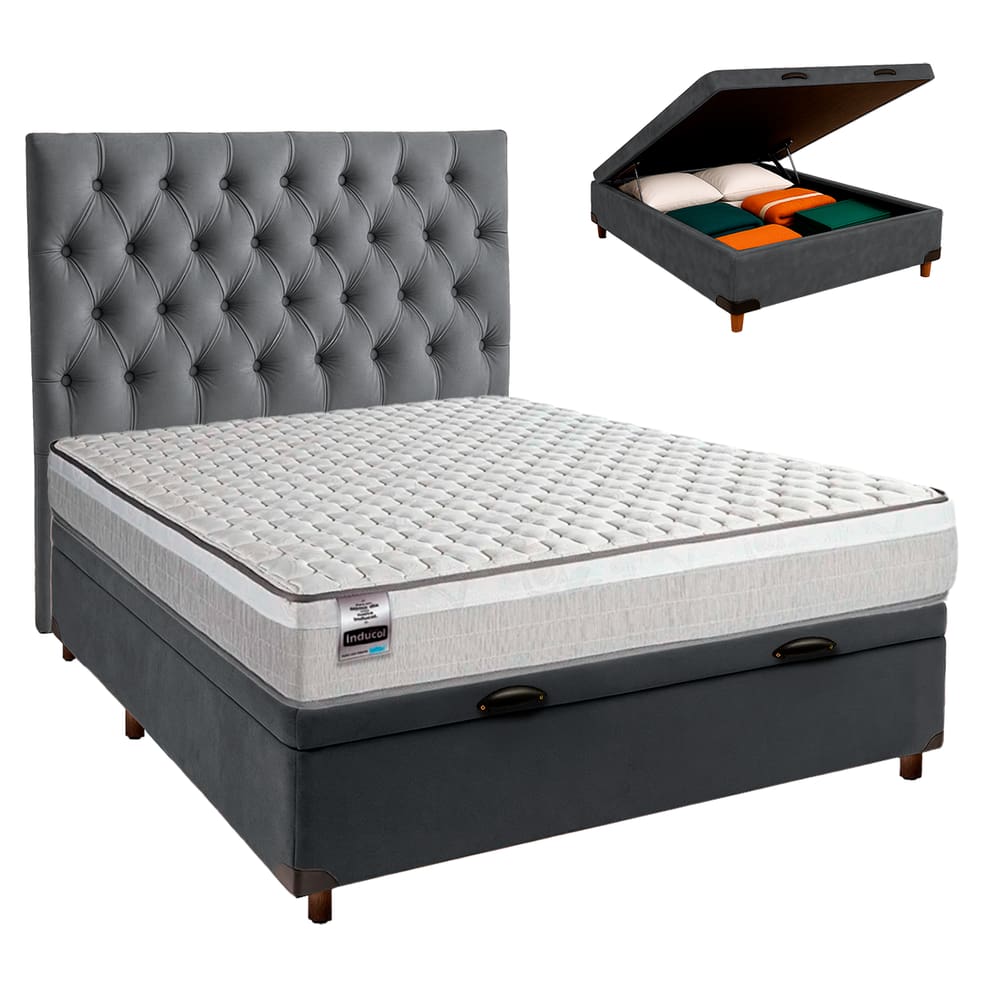 Kit Cama Box Bau + Cabeceira + Colchão Casal Molas Ensacadas - Hanover - Inducol