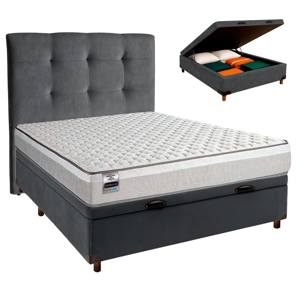 Conjunto Cama Box Bau Cinza Casal + Colchão Molas Ensacadas Hanover Inducol + Cabeceira