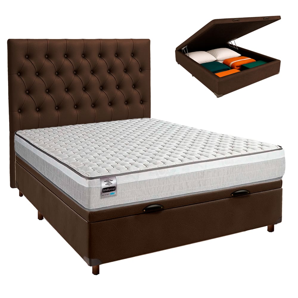 Conjunto Cama Box Bau Marrom Casal + Colchão Molas Ensacadas Hanover Inducol + Cabeceira