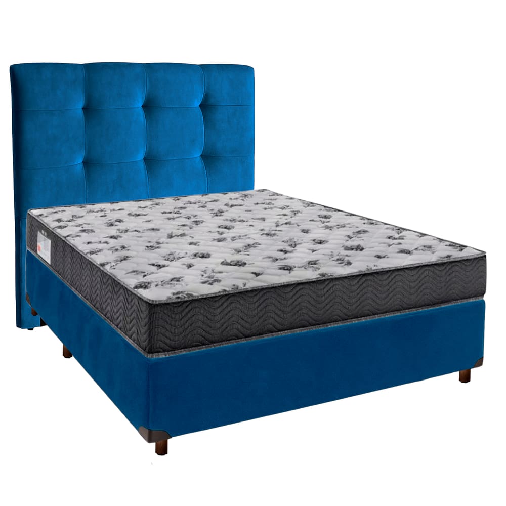 Conjunto Cama Box Azul Casal + Colchão D33 Iso100 Ortobom + Cabeceira