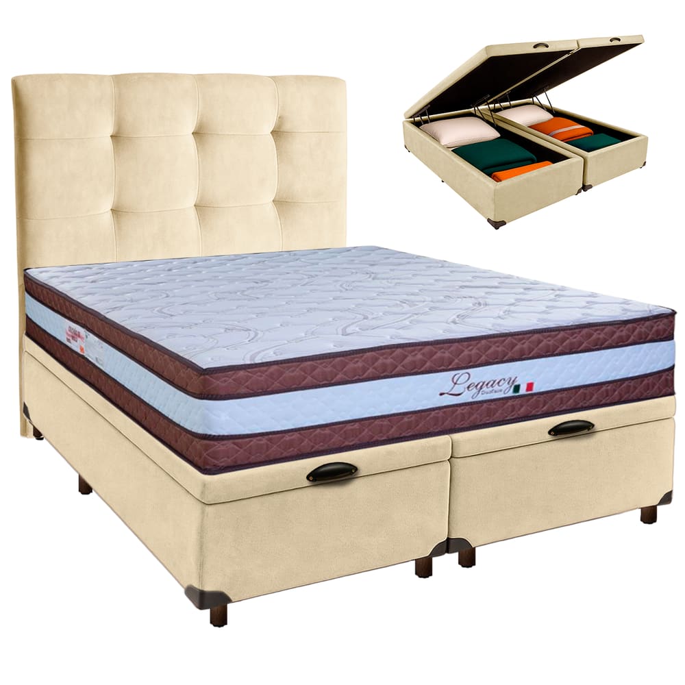 Cama Box Bau + Colchão Queen Molas Ensacadas Legaccy Paropas + Cabeceira Estofada