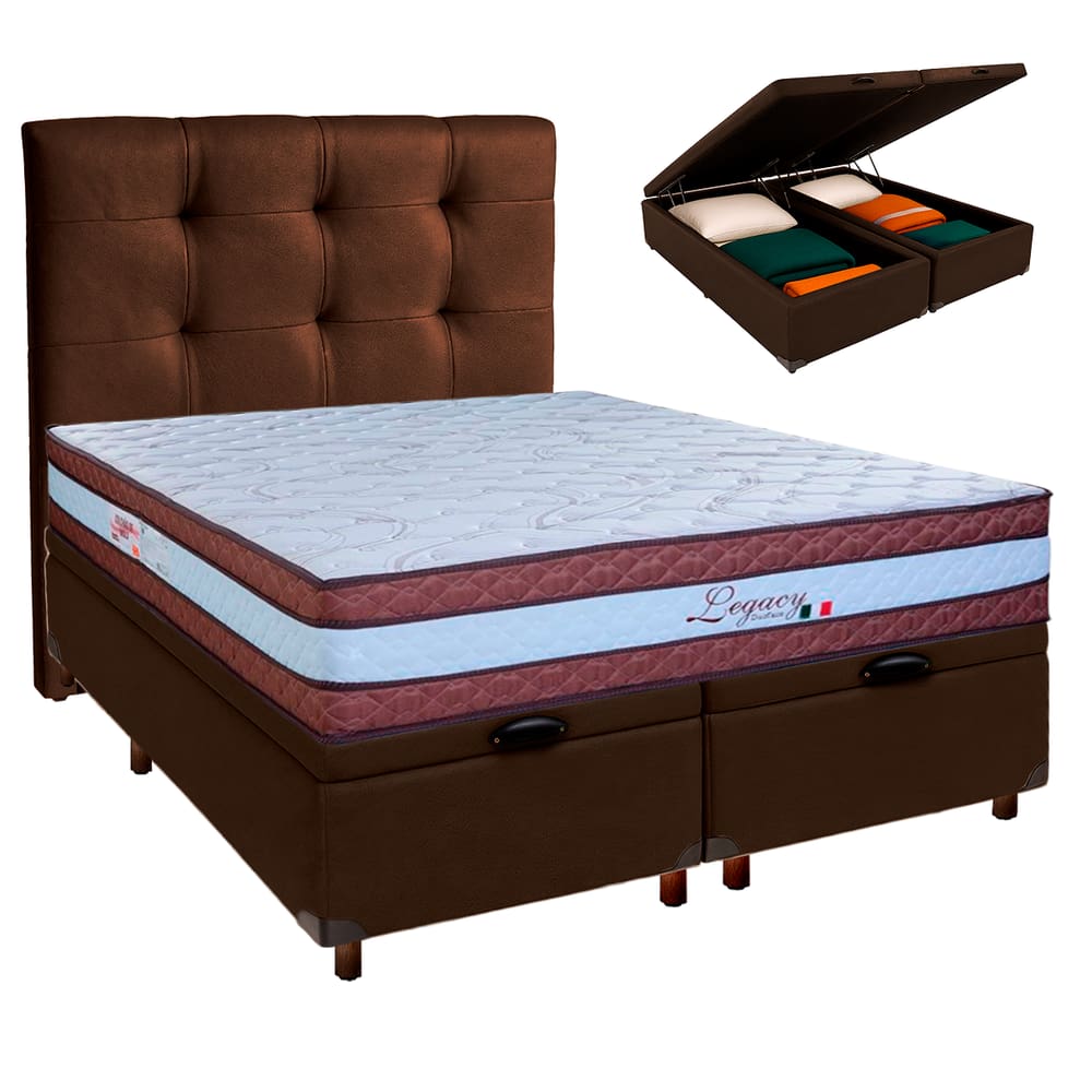 Cama Box Bau + Colchão Casal Molas Ensacadas Legaccy Paropas + Cabeceira Estofada
