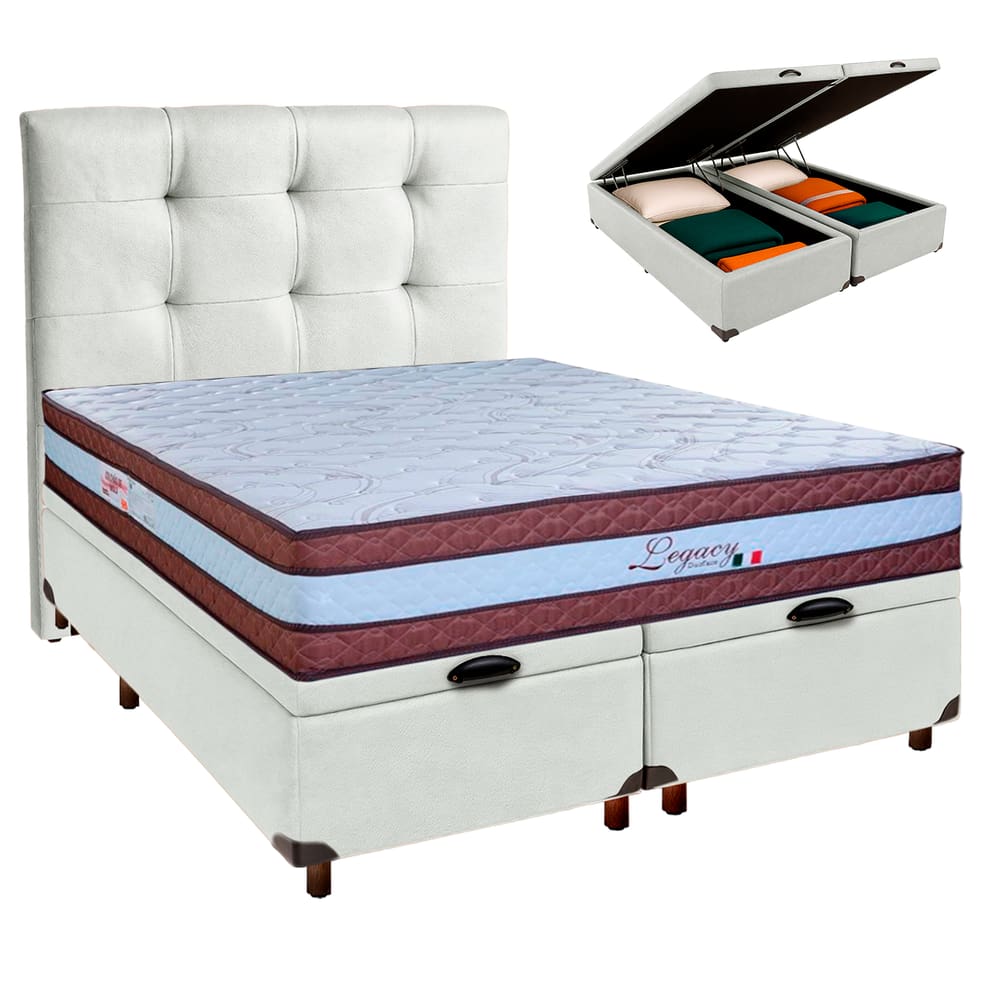 Conjunto Cama Box Bau Blindado Casal + Colchão Molas Ensacadas Legaccy Paropas + Cabeceira