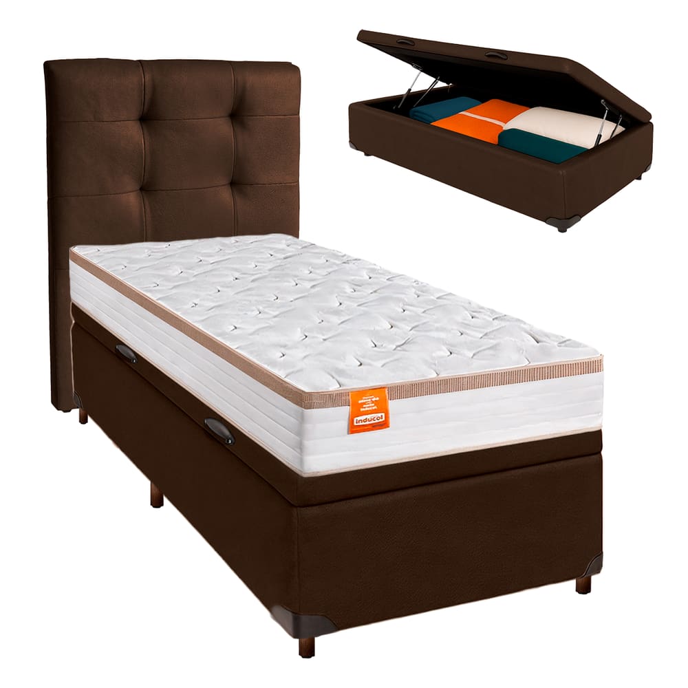 Conjunto Cama Box Bau Marrom Solteiro + Colchão Molas Ensacadas Isis Real Inducol + Cabeceira