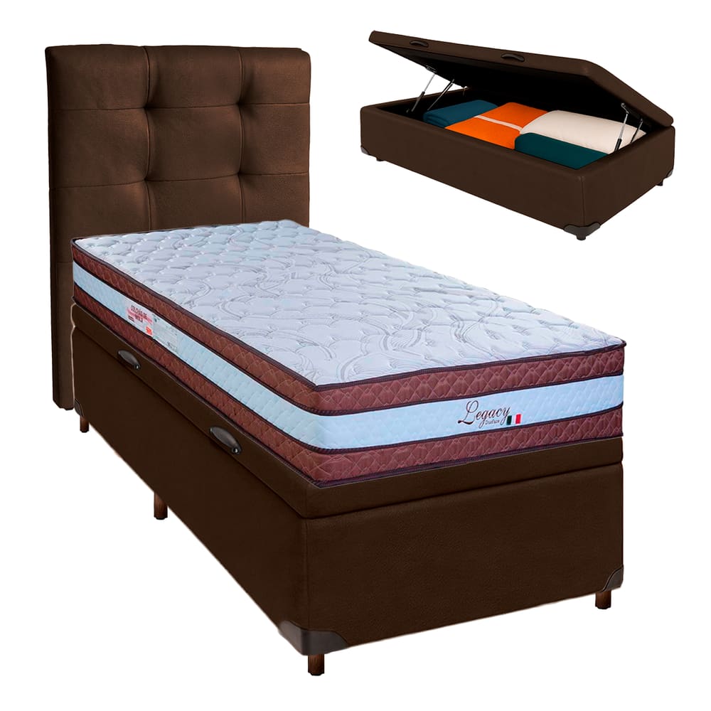 Cama Box Bau + Colchão Solteiro Molas Ensacadas Legaccy Paropas + Cabeceira Estofada