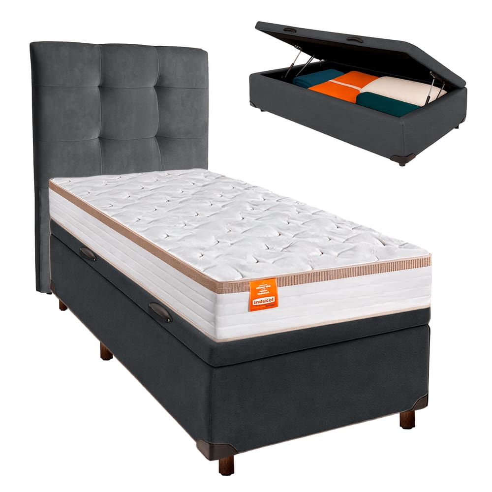 Kit Cama Box Bau + Cabeceira + Colchão Solteiro Molas Ensacadas - Isis Real - Inducol
