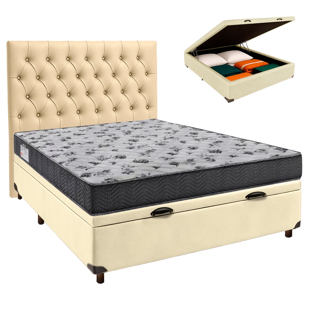 Conjunto Cama Box Bau Bege Casal + Colchão D33 Iso100 Ortobom + Cabeceira