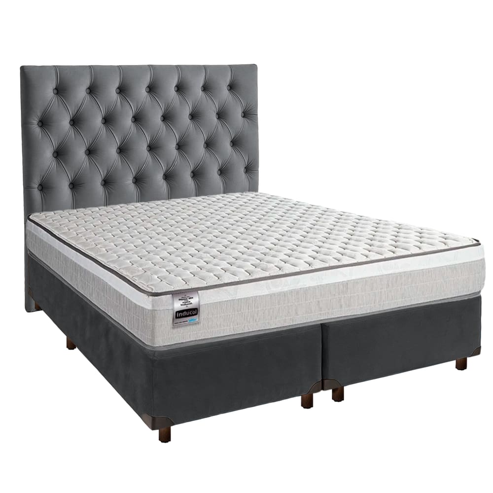 Cama + Box Cinza e Colchão Molas Ensacadas King - Hanover Inducol + Cabeceira