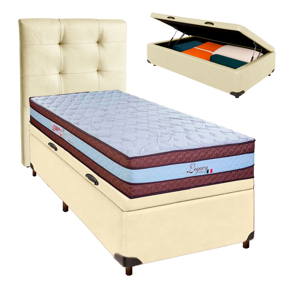 Cama + Bau Blindado e Colchão Molas Ensacadas Solteiro - Legaccy Paropas + Cabeceira