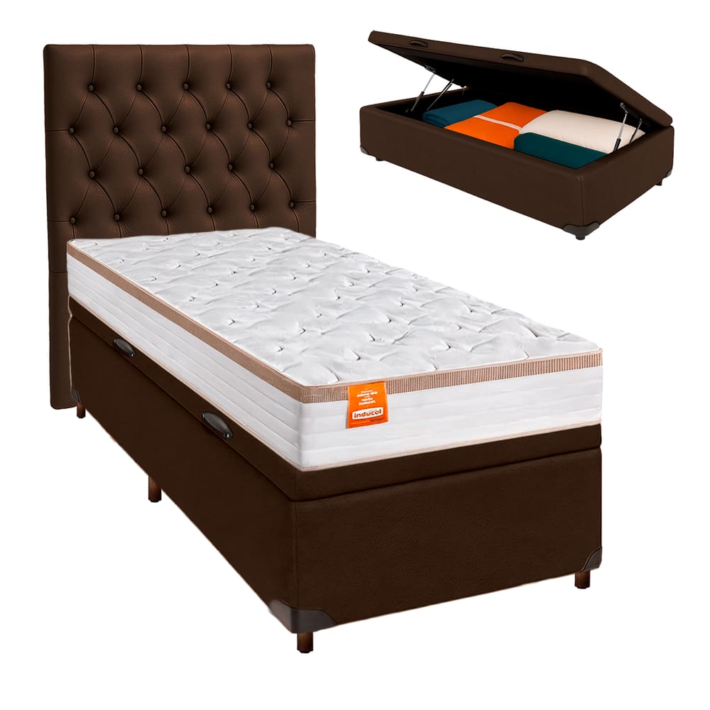 Kit Cabeceira + Cama Box Bau + Colchão Solteiro Molas Ensacadas Isis Real Inducol