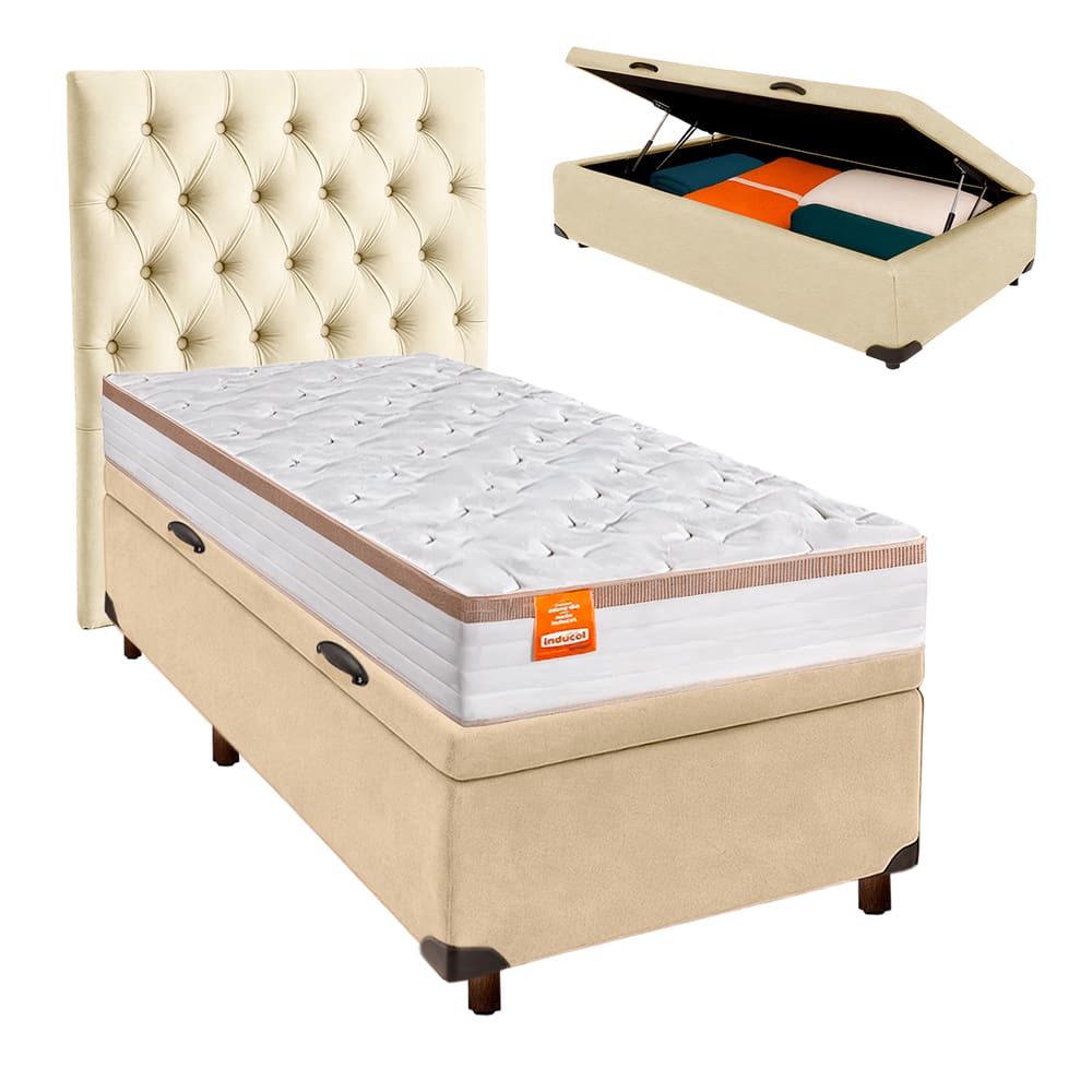 Cama Box Bau + Colchão Solteiro Molas Ensacadas Isis Real Inducol + Cabeceira Estofada