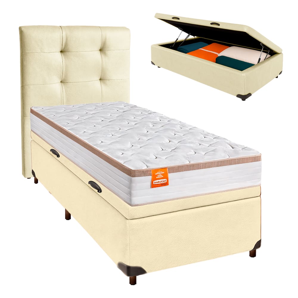Cama Box Bau + Colchão Solteiro Molas Ensacadas Isis Real Inducol + Cabeceira Estofada