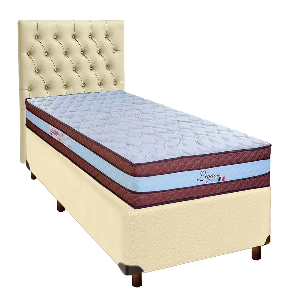 Cama + Box Bege e Colchão Molas Ensacadas Solteiro - Legaccy Paropas + Cabeceira