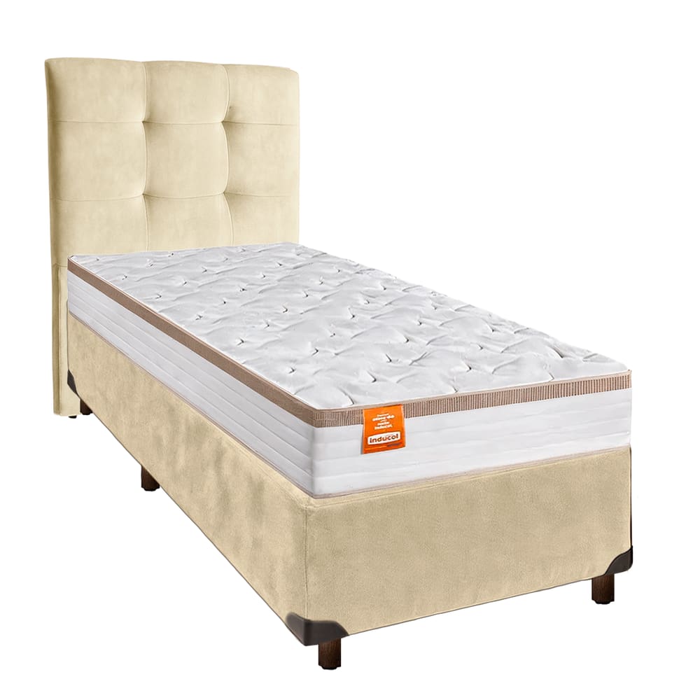 Cama + Box Perola e Colchão Molas Ensacadas Solteiro - Isis Real Inducol + Cabeceira