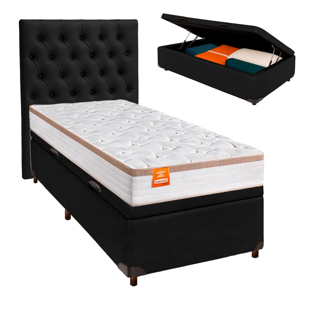 Cama Box Bau + Colchão Solteiro Molas Ensacadas Isis Real Inducol + Cabeceira Estofada