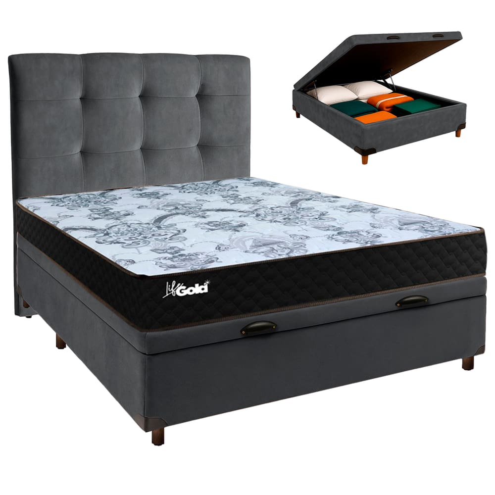 Cama + Bau Blindado e Colchão Molas Ensacadas Casal - Life Gold Paropas + Cabeceira