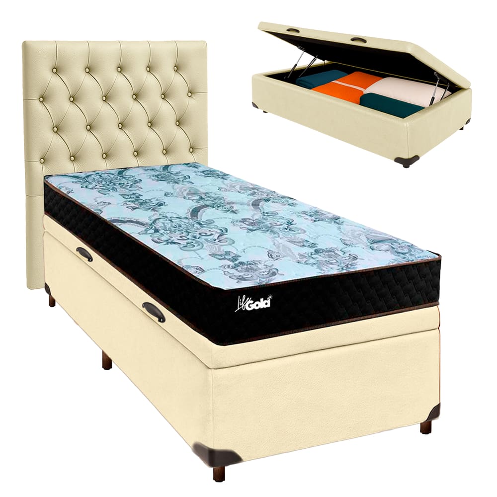 Cama + Bau Bege e Colchão Molas Ensacadas Solteiro - Life Gold Paropas + Cabeceira