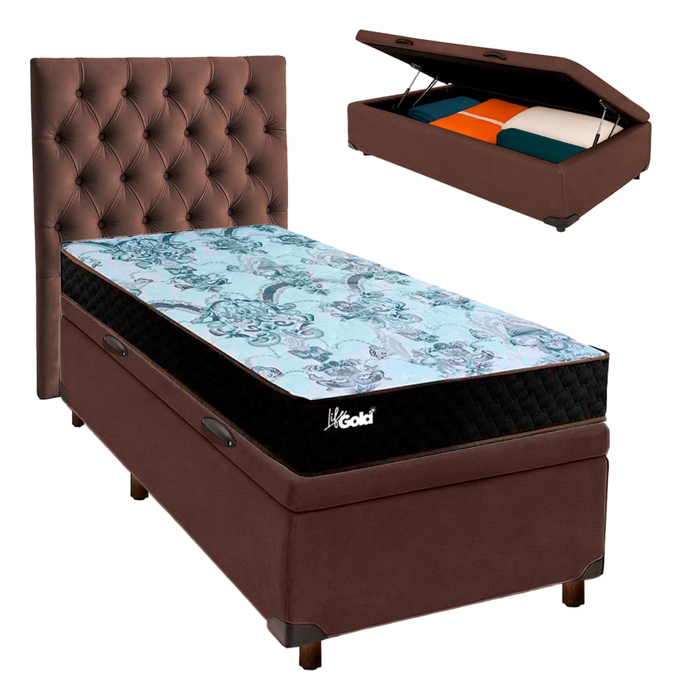 Cama + Bau Marrom e Colchão Molas Ensacadas Solteiro - Life Gold Paropas + Cabeceira