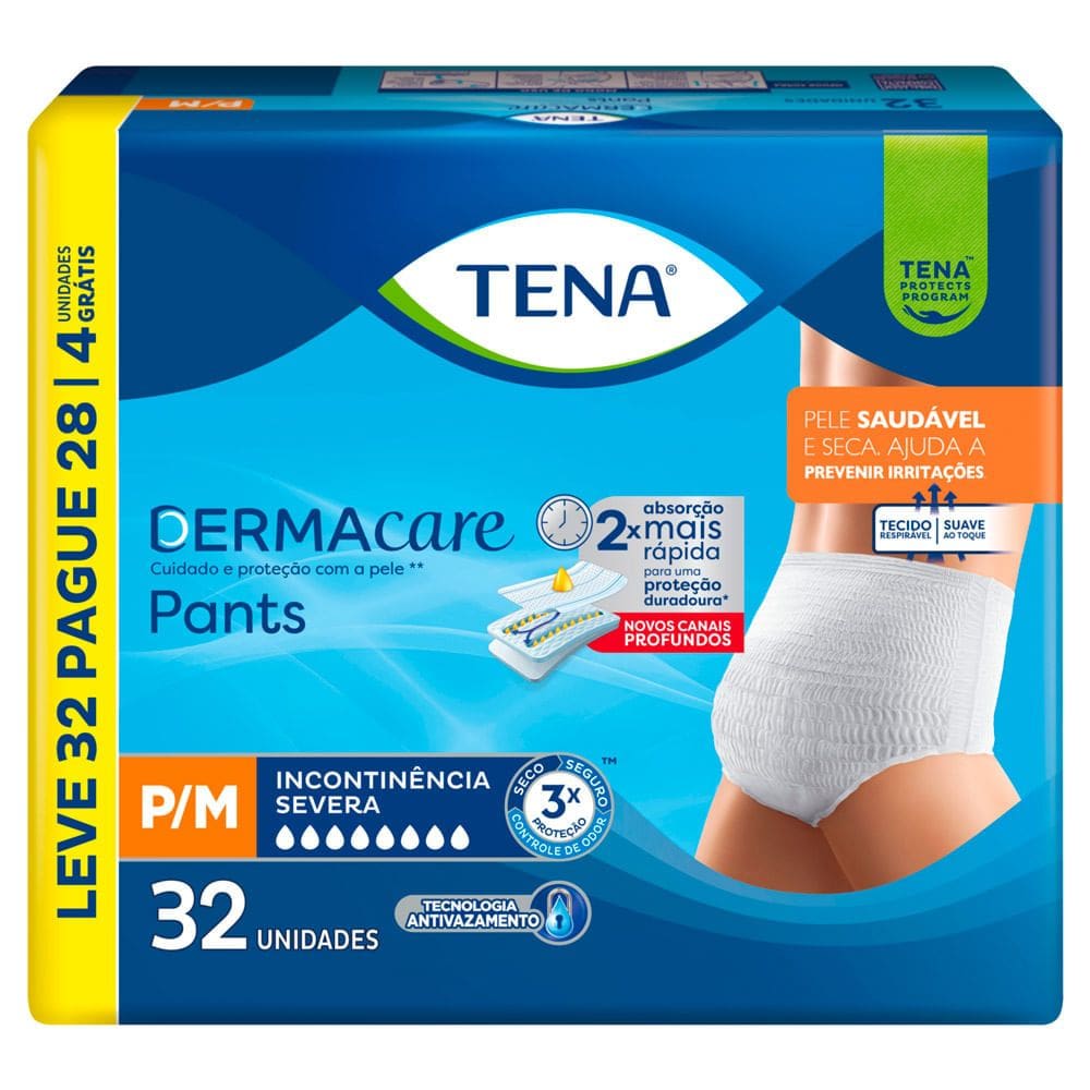 Roupa Íntima Tena Dermacare Pants Tamanho P/M Leve 32 e Pague 28 Unidades Descartáveis