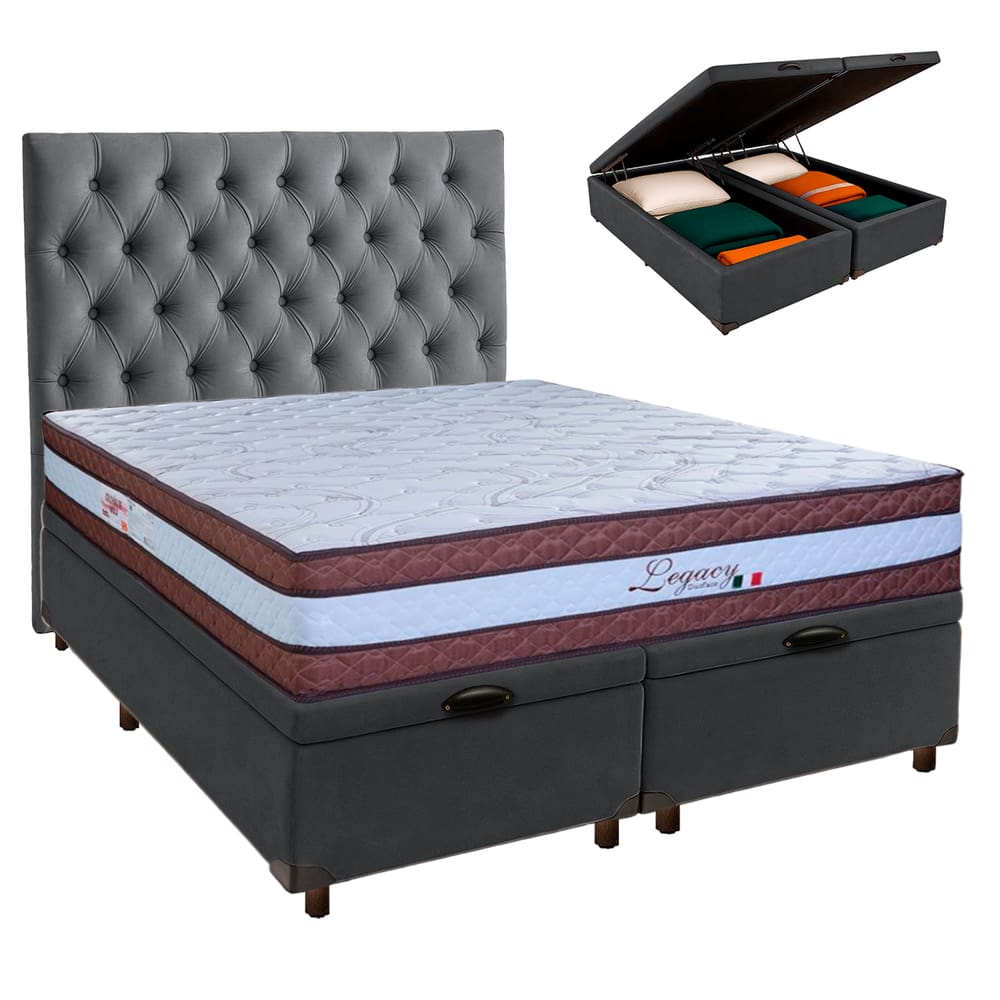 Kit Cama Box Bau + Cabeceira + Colchão Queen Molas Ensacadas - Legaccy - Paropas