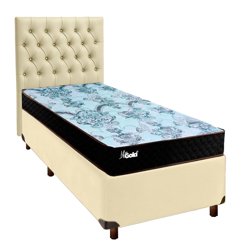 Cama Box + Colchão Solteiro Molas Ensacadas Life Gold Paropas + Cabeceira Estofada