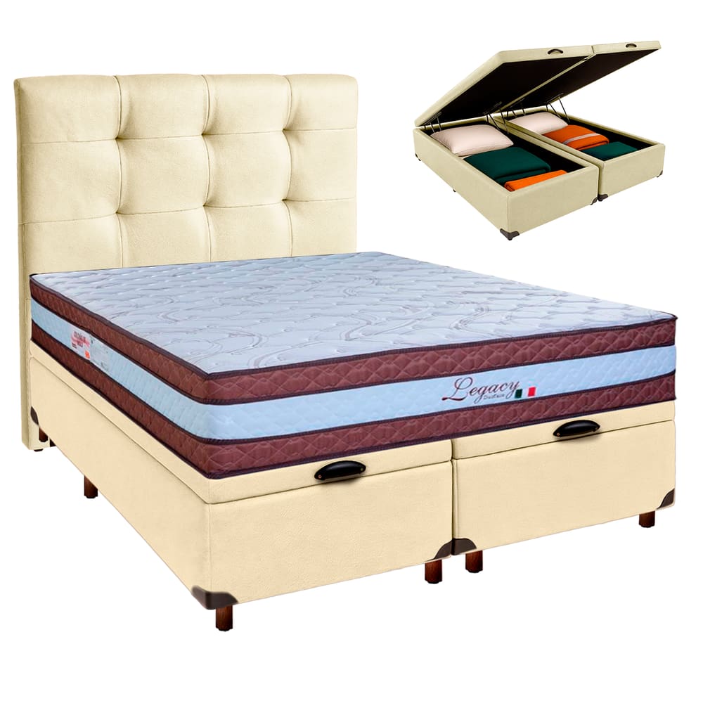 Conjunto Cama Box Bau Blindado Queen + Colchão Molas Ensacadas Legaccy Paropas + Cabeceira