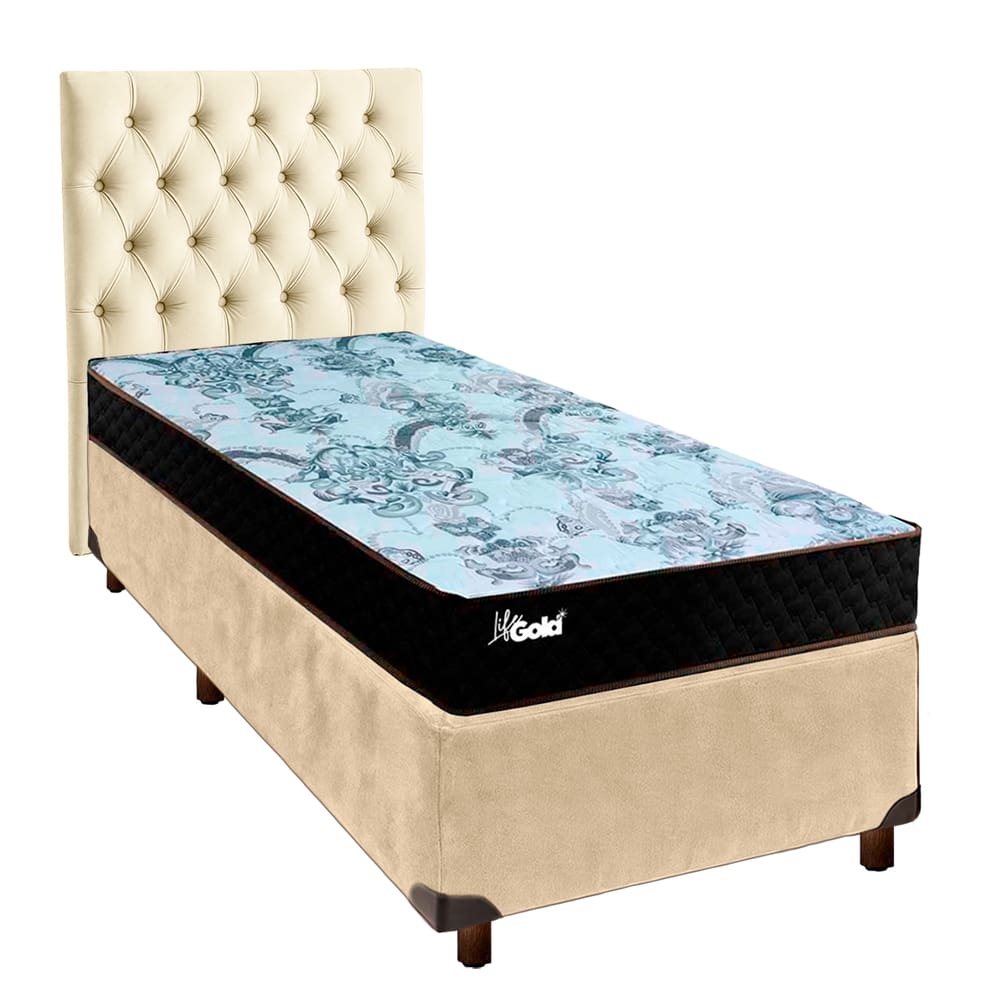 Cama + Box Perola e Colchão Molas Ensacadas Solteiro - Life Gold Paropas + Cabeceira