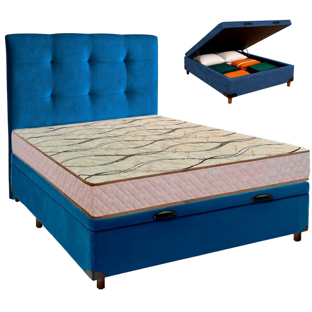 Conjunto Cama Box Bau Azul Casal + Colchão D33 Maxsono Paropas + Cabeceira