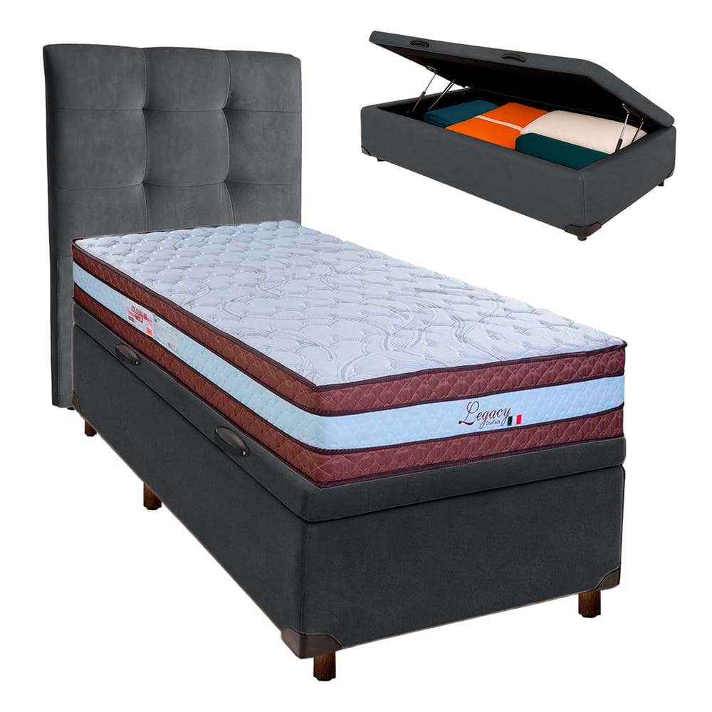 Conjunto Cama Box Bau Blindado Solteiro + Colchão Molas Ensacadas Legaccy Paropas + Cabeceira