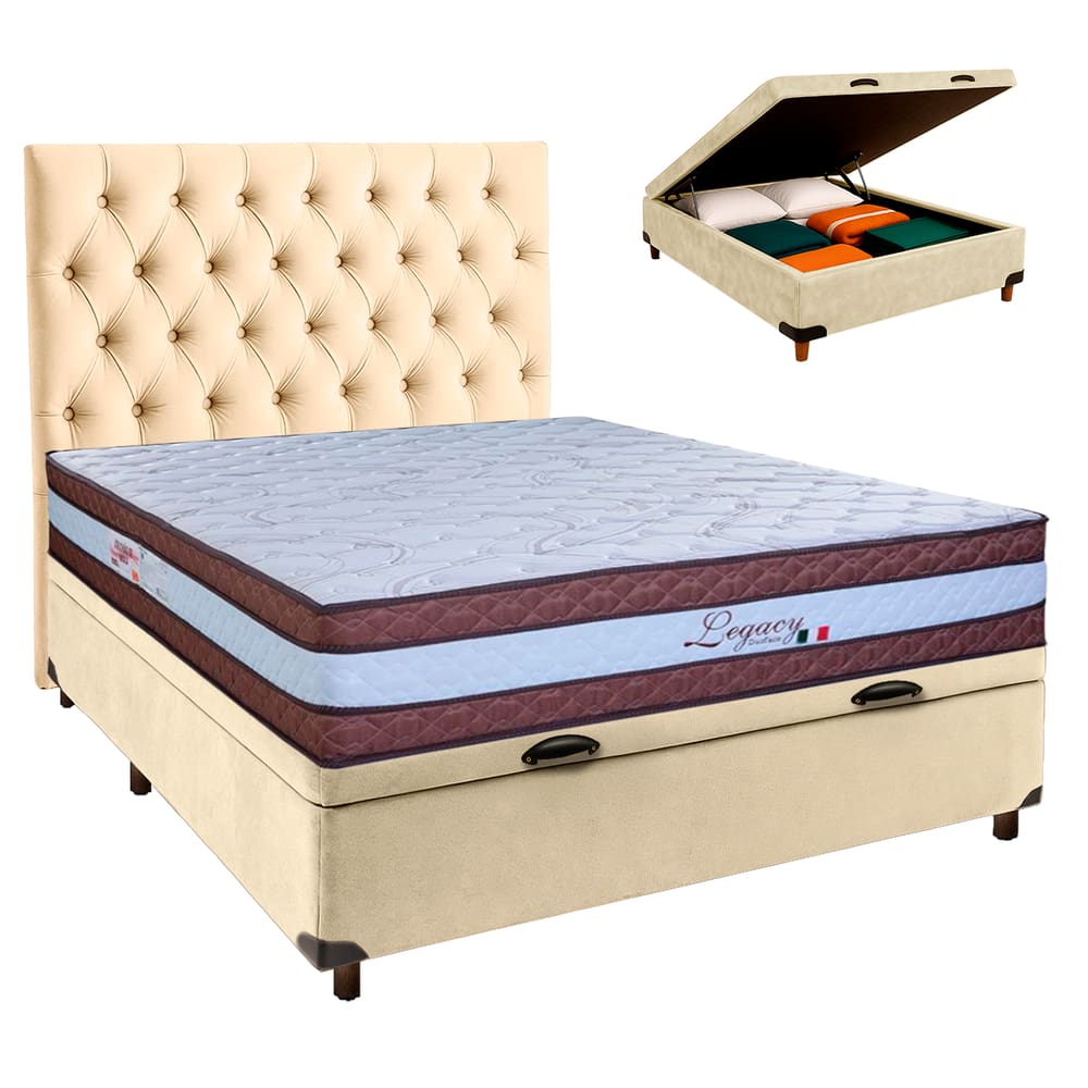 Cama Box Bau + Colchão Casal Molas Ensacadas Legaccy Paropas + Cabeceira Estofada